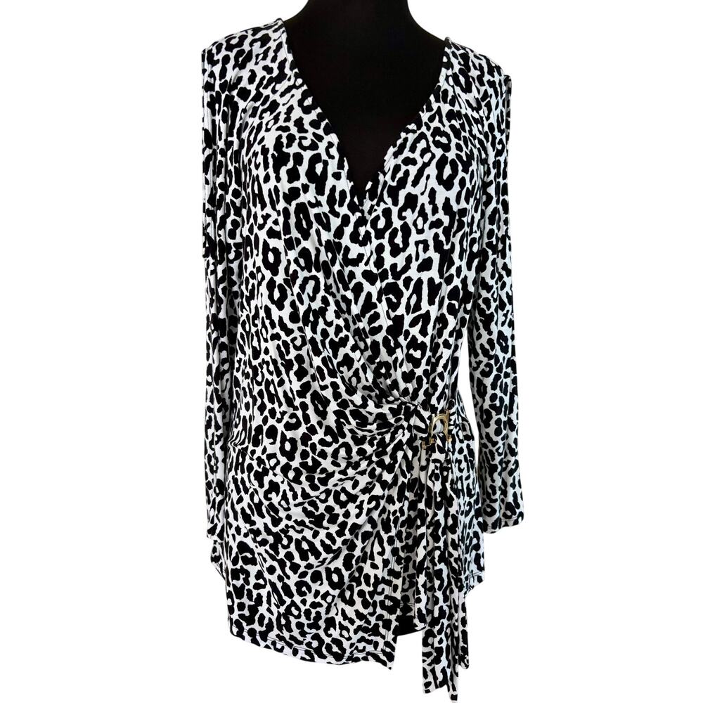 Cache Black White Animal Print Faux Wrap Cold Shoulder Asymmetrical Top Sz L